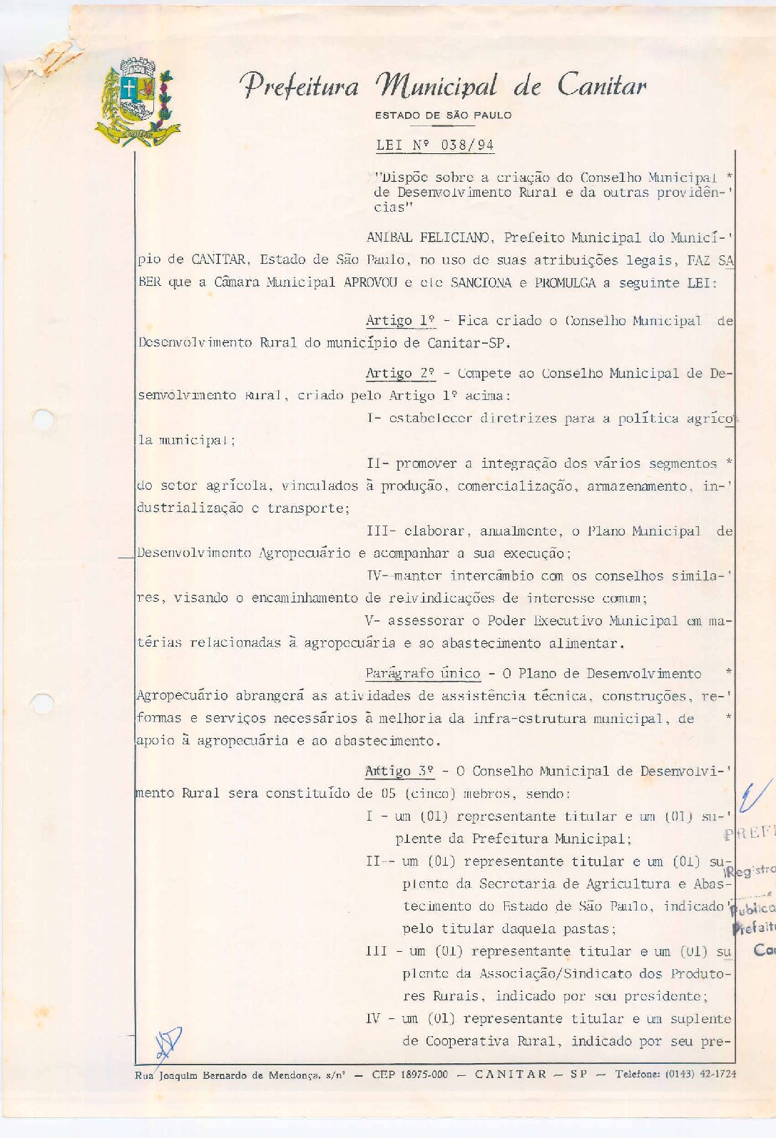 Leia mais sobre o artigo Lei Municipal nº 38 1994   Dispõe sobre a criação do Conselho Municipal de Desenvolvimento Rural.
