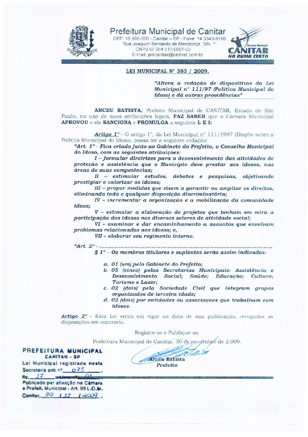 Leia mais sobre o artigo Lei Municipal nº 383 2009   Altera a redação de dispositivos da Lei Municipal nº 111 97.