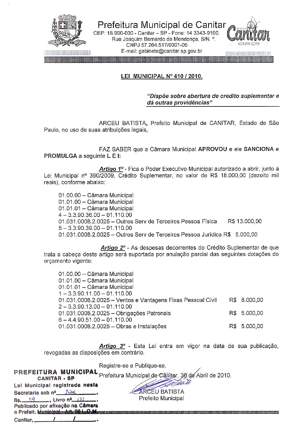 Leia mais sobre o artigo Lei Municipal nº 410 2010   Dispõe sobre abertura de crédito, Câmara Municipal.