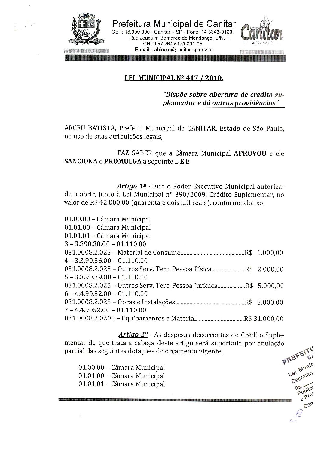 Leia mais sobre o artigo Lei Municipal nº 417 2010   Dispõe sobre abertura de crédito, Câmara Municipal.