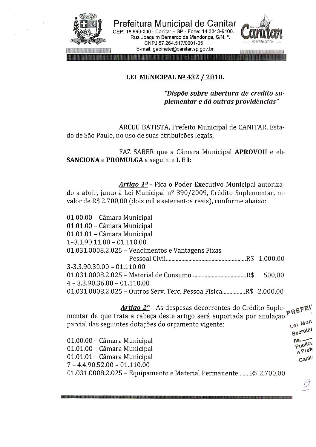 Leia mais sobre o artigo Lei Municipal nº 432 2010   Dispõe sobre abertura de crédito suplementar, Câmara Municipal.