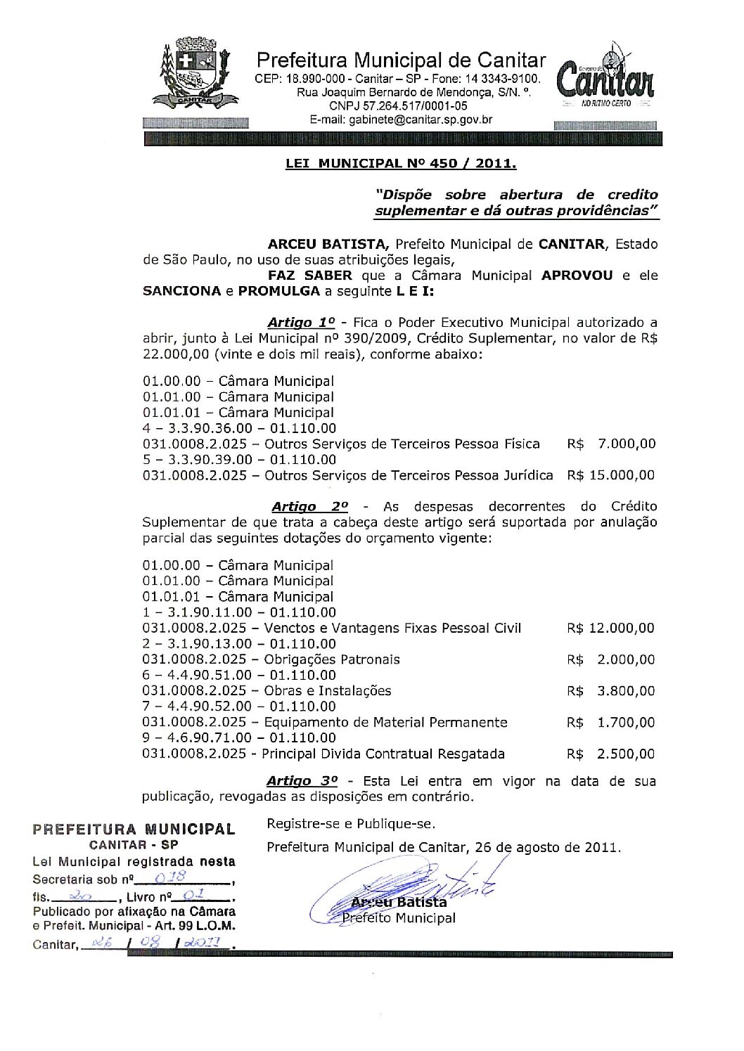 Leia mais sobre o artigo Lei Municipal nº 450 2011   Dispõe sobre abertura de crédito suplementar, Câmara Municipal.