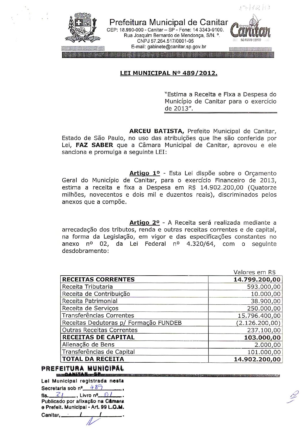 Leia mais sobre o artigo Lei Municipal nº 489 2012   Estima a Receita e Fixa a Despesa do município de Canitar para o exercício de 2013.