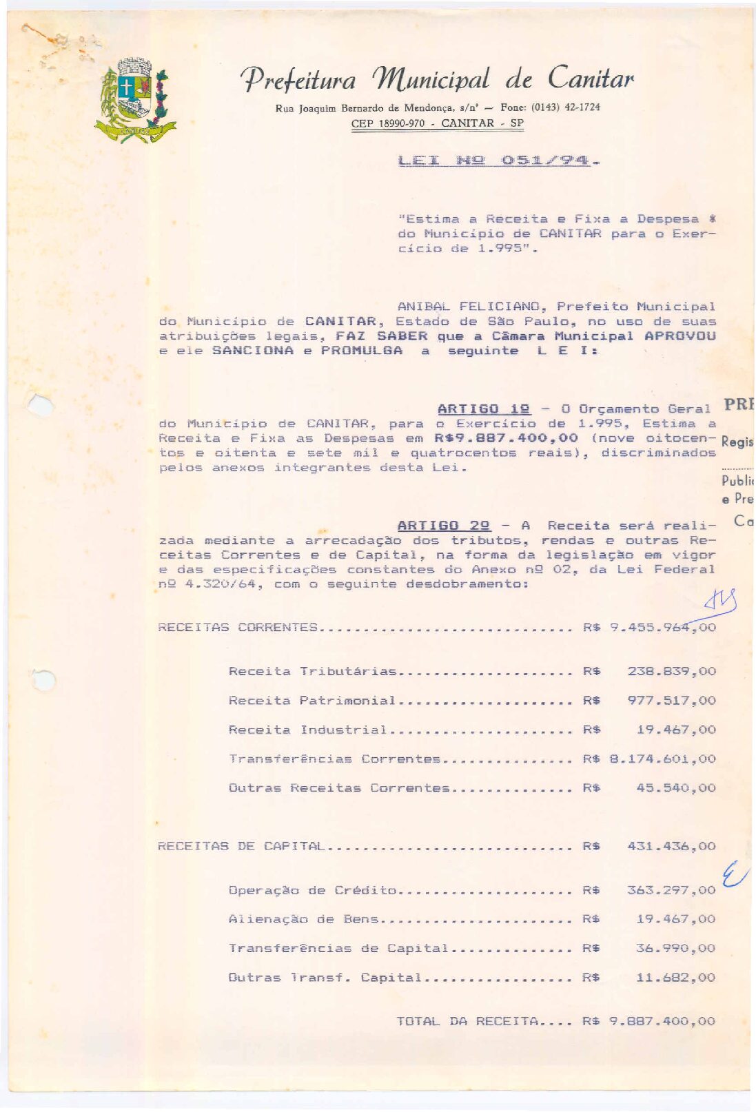Leia mais sobre o artigo Lei Municipal nº 51 1994   Estima a receita e fixa a despesa do município de Canitar para o exercício de 1995.