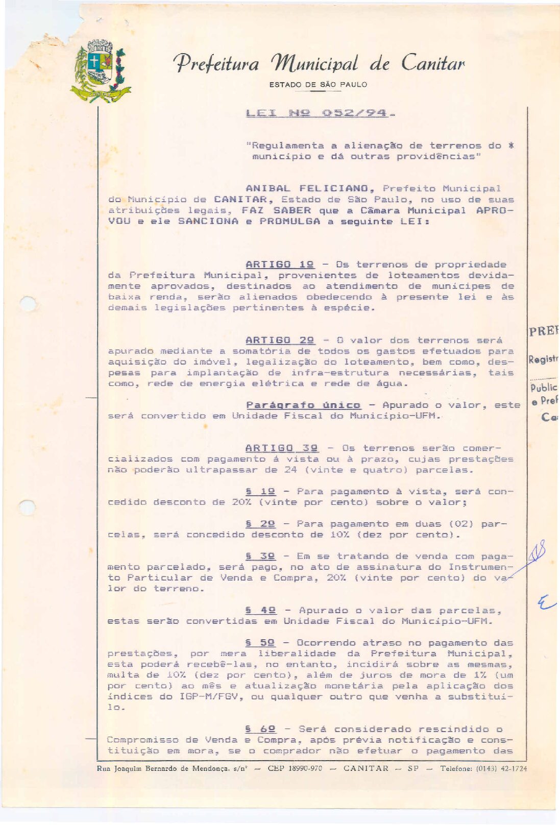 Leia mais sobre o artigo Lei Municipal nº 52 1994   Regulamenta a alienação de terrenos do município.