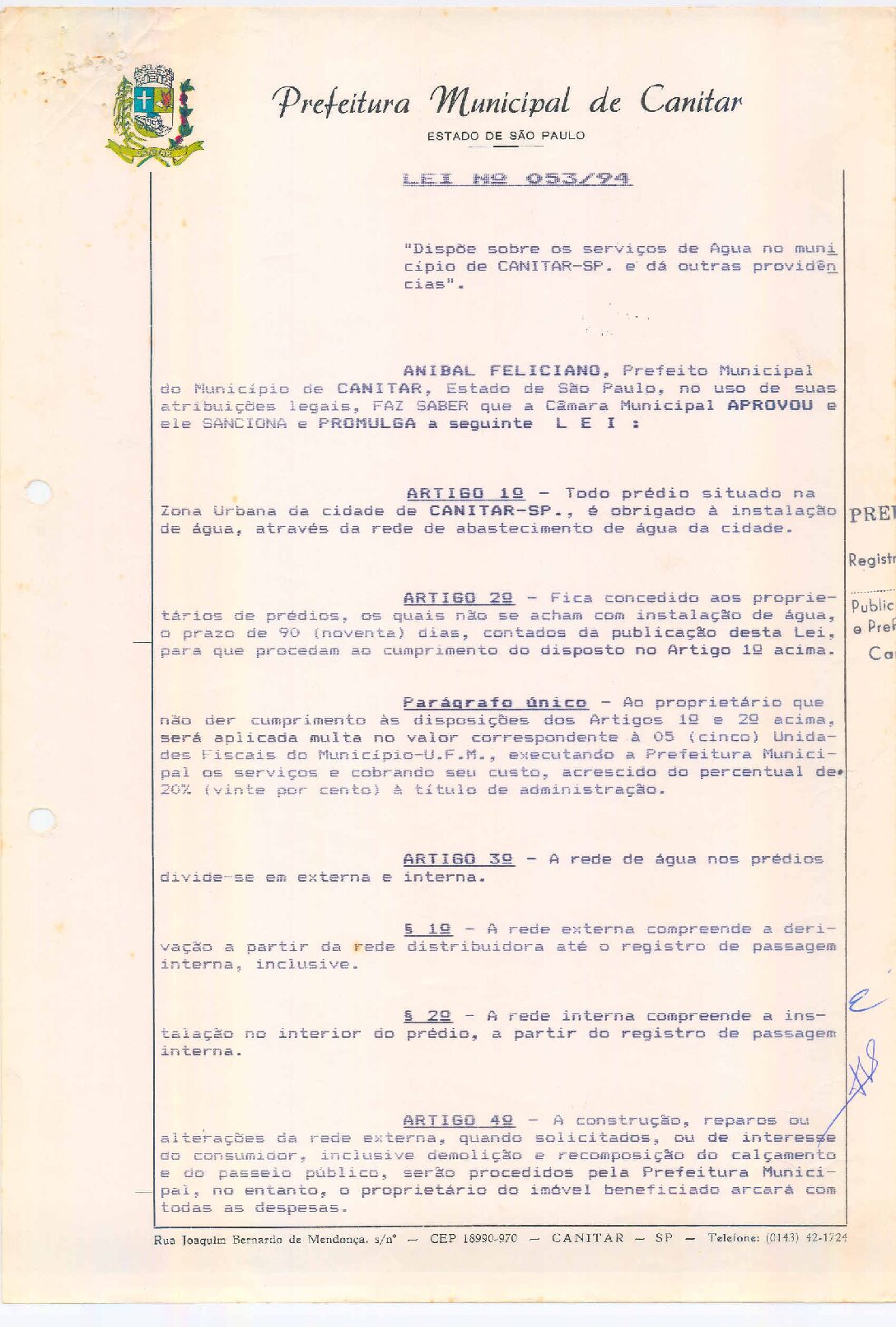 Leia mais sobre o artigo Lei Municipal nº 53 1994   Dispõe sobre os serviços de Água no município de Canitar   SP.