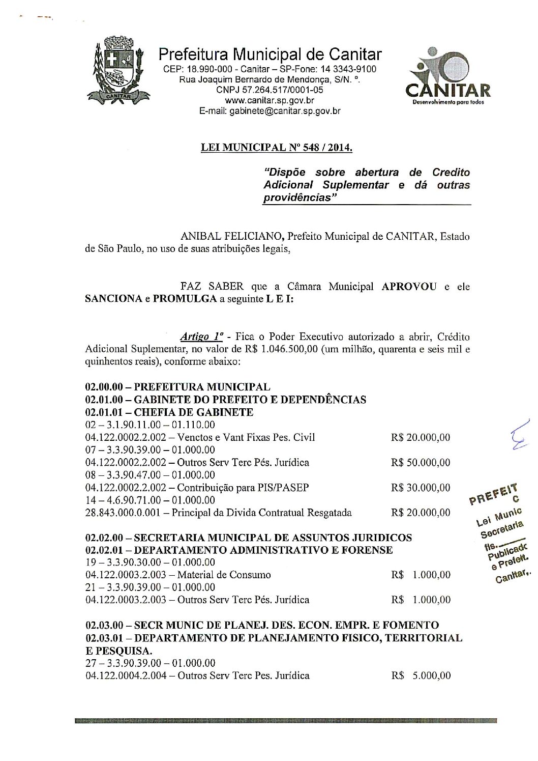 Leia mais sobre o artigo Lei Municipal nº 548 2014   Dispõe sobre abertura de crédito, Gabinete do Prefeito.