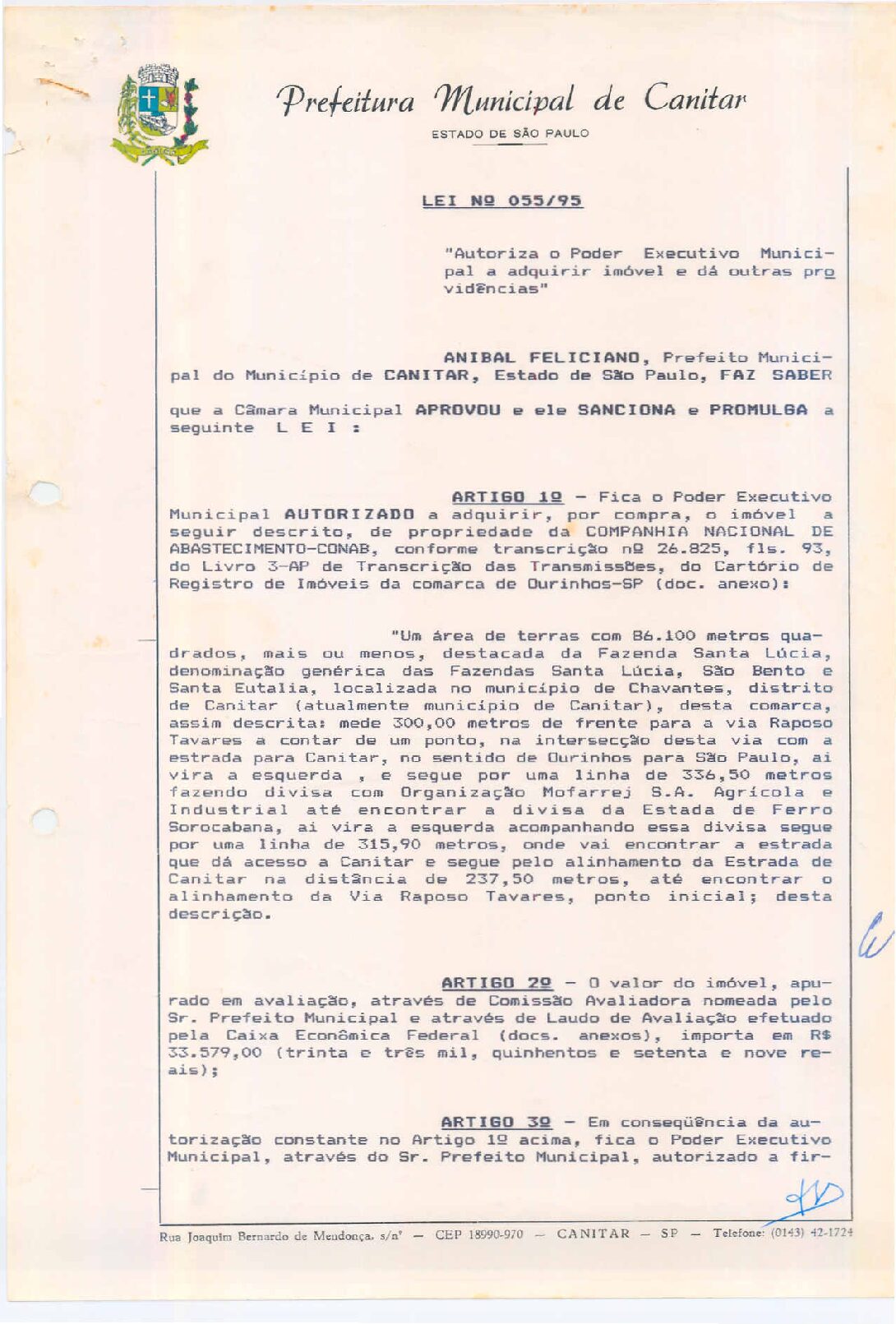 Leia mais sobre o artigo Lei Municipal nº 55 1995   Autoriza o Poder Executivo Municipal a adquirir imóvel.