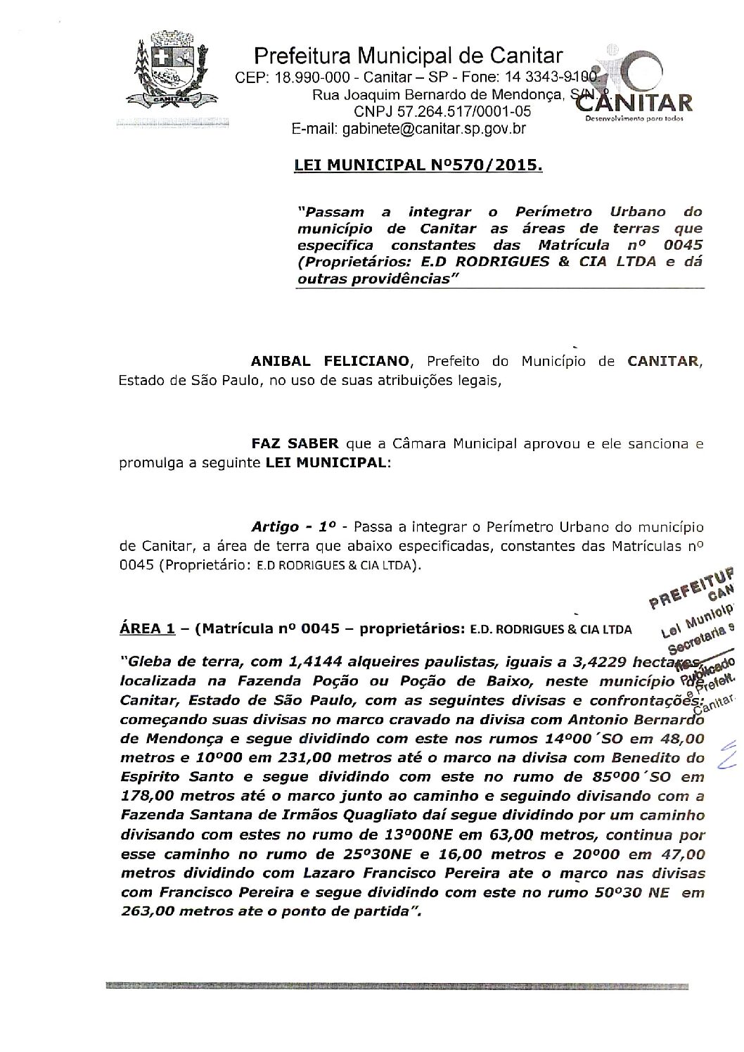 Leia mais sobre o artigo Lei Municipal nº 570 2015   Passam a integrar o Perímetro Urbano do município de Canitar.