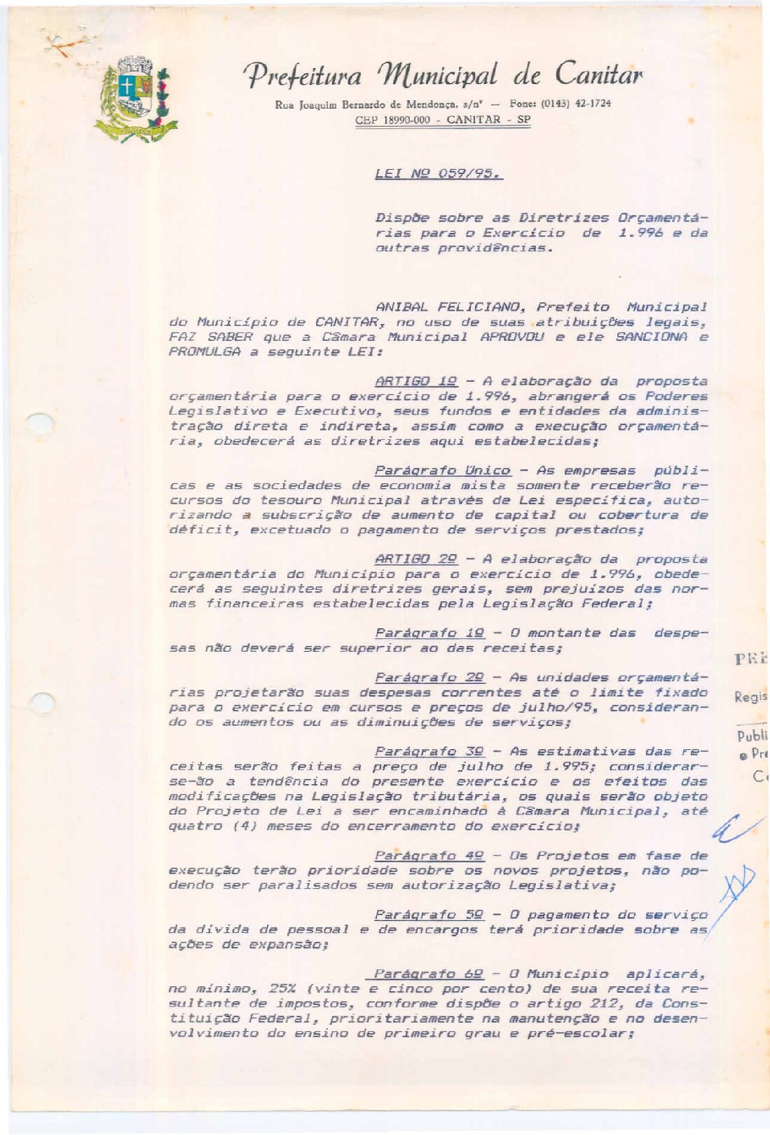 Leia mais sobre o artigo Lei Municipal nº 59 1995   Dispõe sobre as Diretrizes Orçamentárias para o Exercício de 1996.
