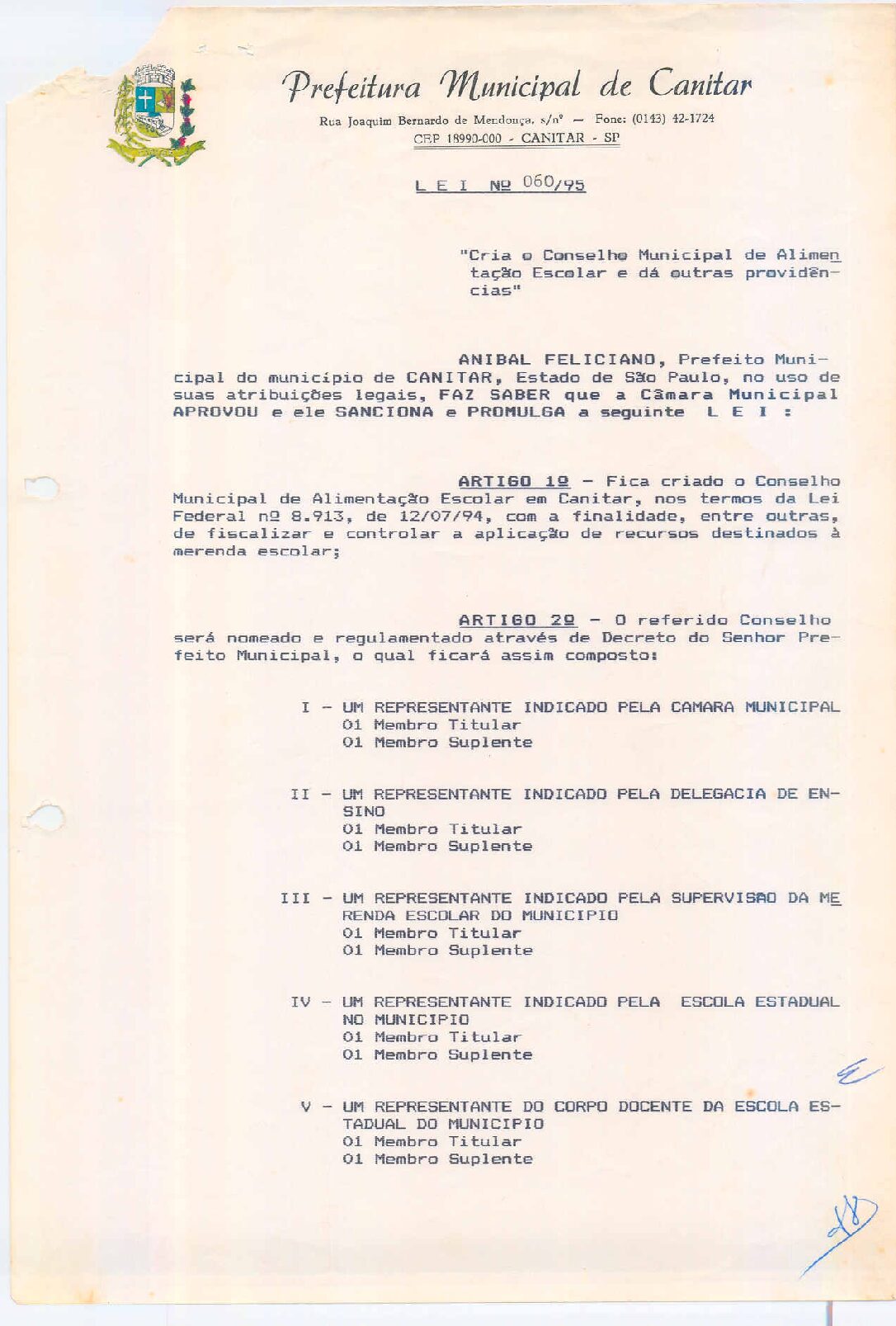 Leia mais sobre o artigo Lei Municipal nº 60 1995   Cria o Conselho Municipal de Alimentação Escolar.