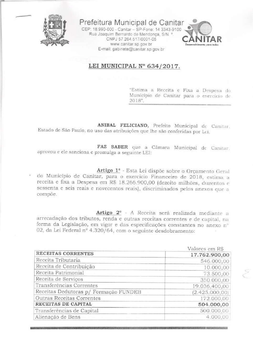 Leia mais sobre o artigo Lei Municipal nº 634 2017   Estima a Receita e Fixa a Despesa do Município de Canitar para o exercício de 2018.