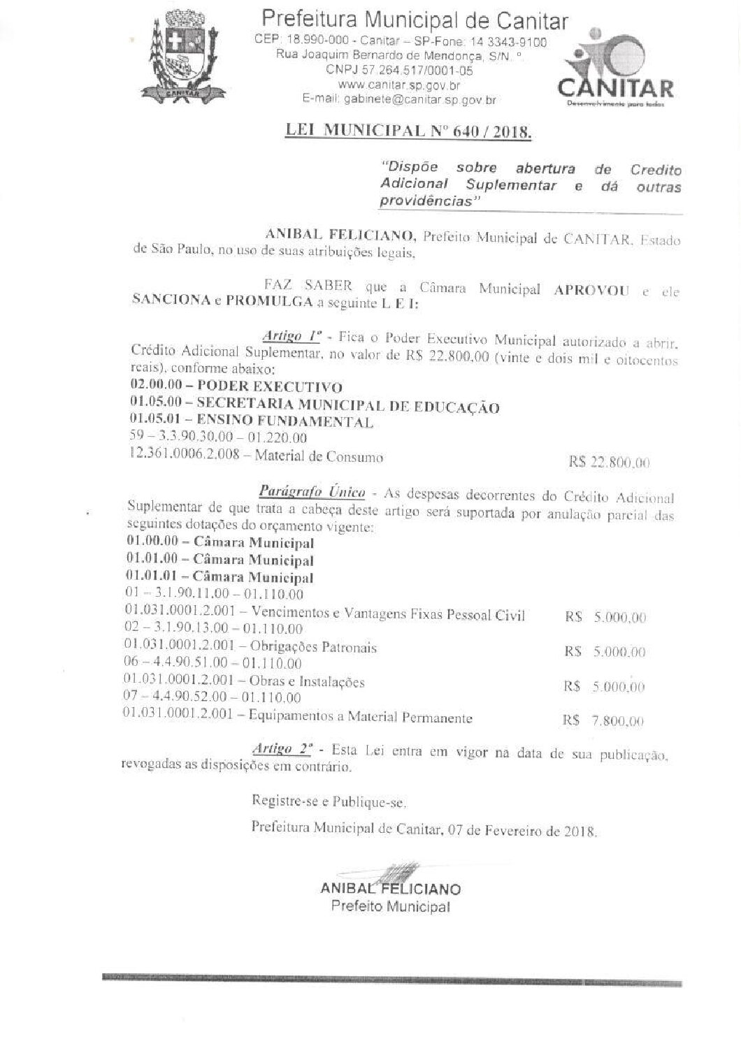 Leia mais sobre o artigo Lei Municipal nº 640 2018   Dispõe sobre abertura de crédito, Câmara Municipal.