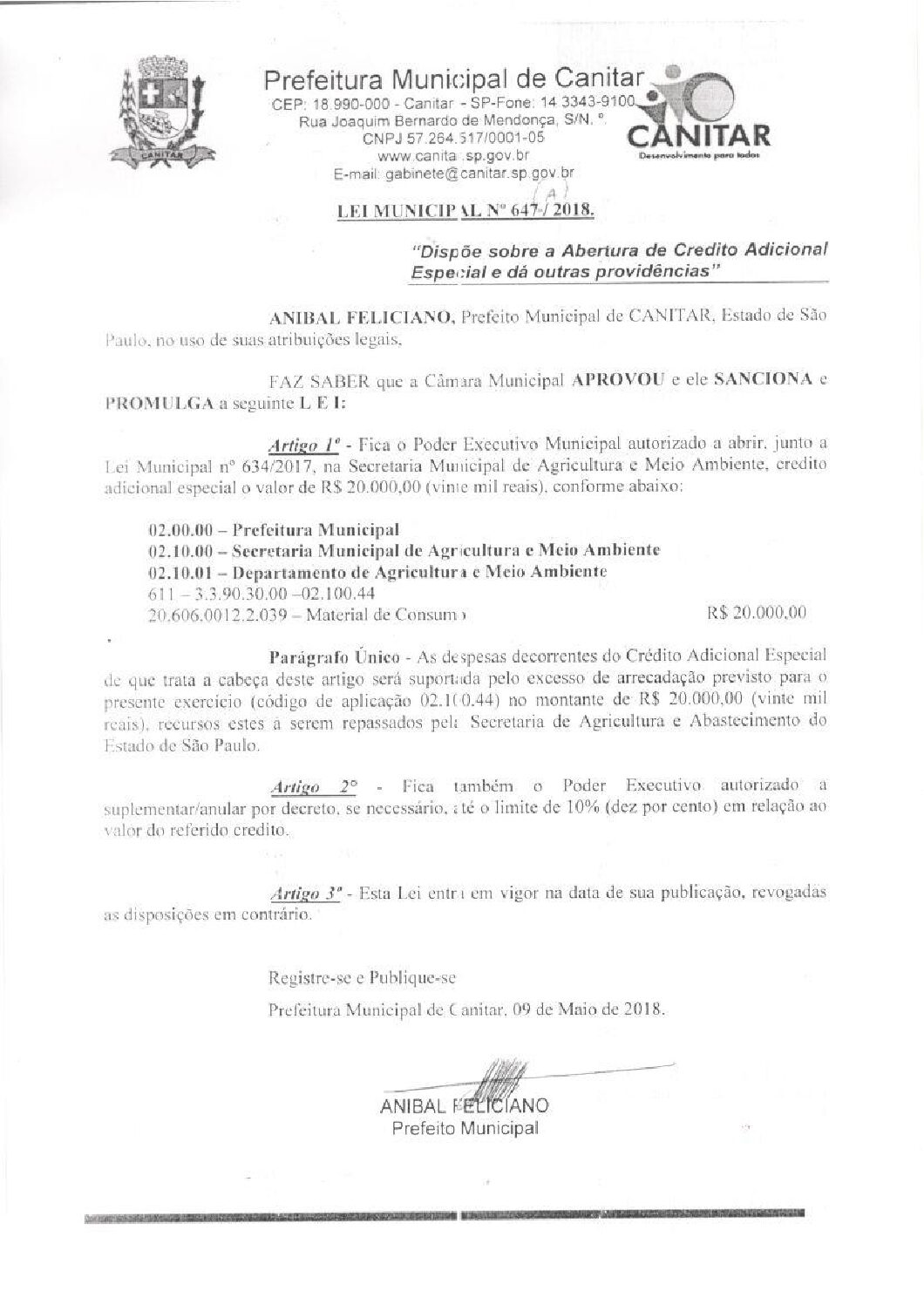 Leia mais sobre o artigo Lei Municipal nº 647 2018 A   Dispõe sobre abertura de crédito, Secretaria Municipal de Agricultura e Meio Ambiente.