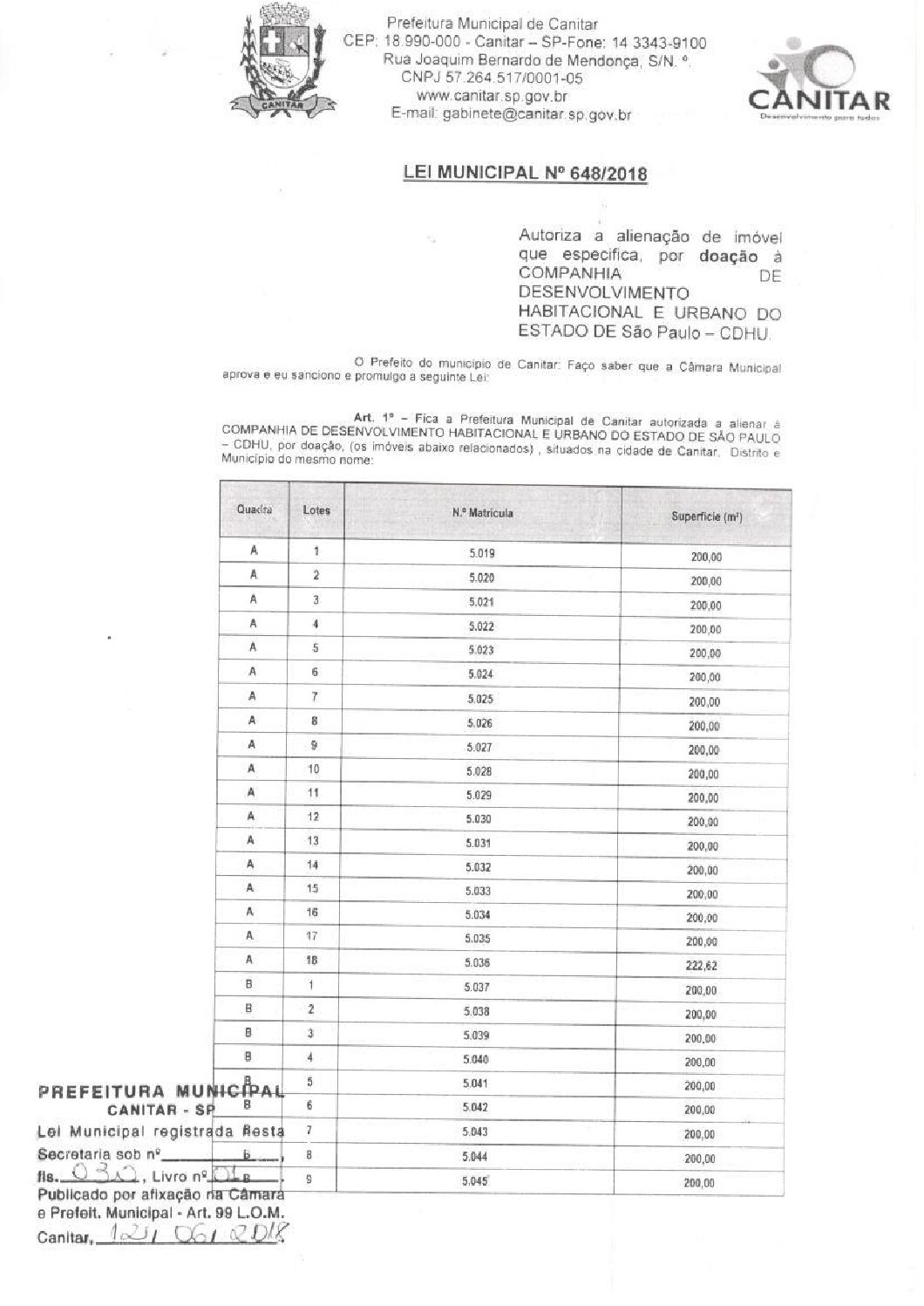 Leia mais sobre o artigo Lei Municipal nº 648 2018   Autoriza a alienação de imóvel que especifica por doação à CDHU.