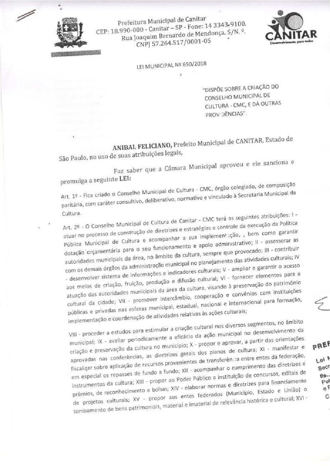 Leia mais sobre o artigo Lei Municipal nº 650 2018   Dispõe sobre a criação do Conselho Municipal de Cultura   CMC.