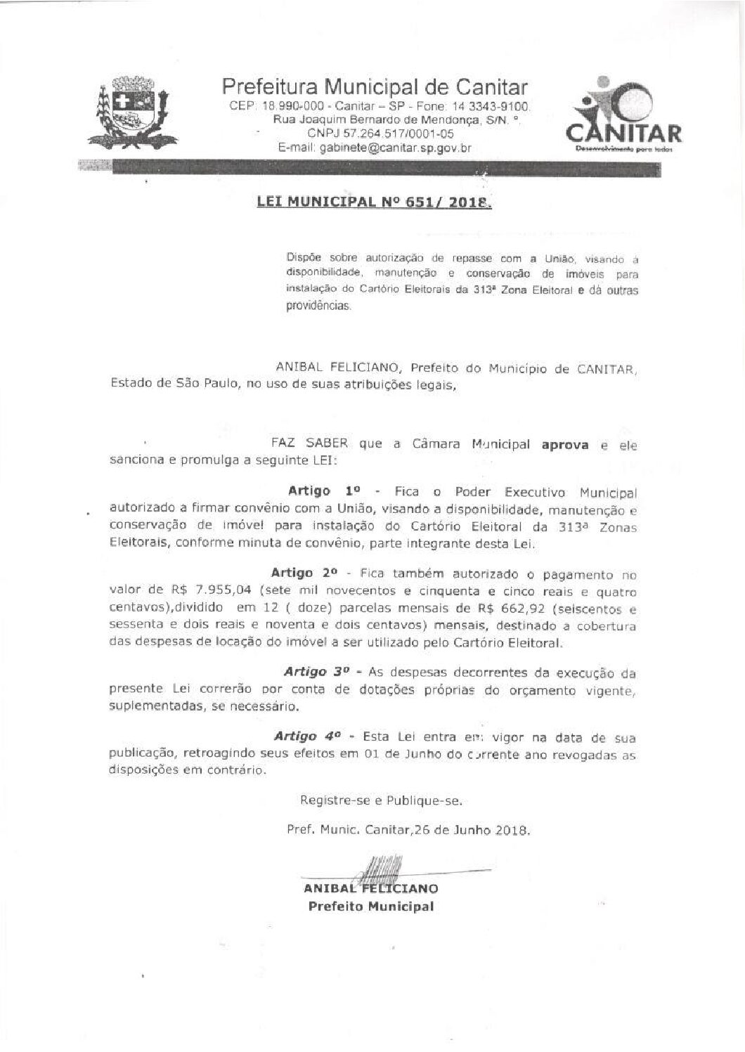 Leia mais sobre o artigo Lei Municipal nº 651 2018   Dispõe sobre repasse com a União, visando a instalação de Cartório Eleitoral da 313ª Zona Eleitoral.