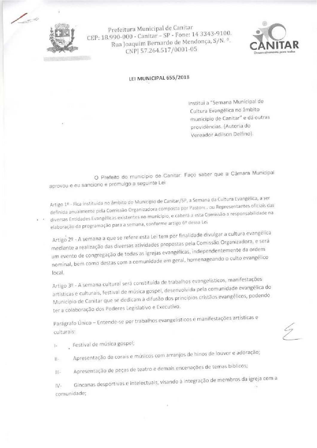 Leia mais sobre o artigo Lei Municipal nº 655 2018   Institui a Semana Municipal de Cultura Evangélica.