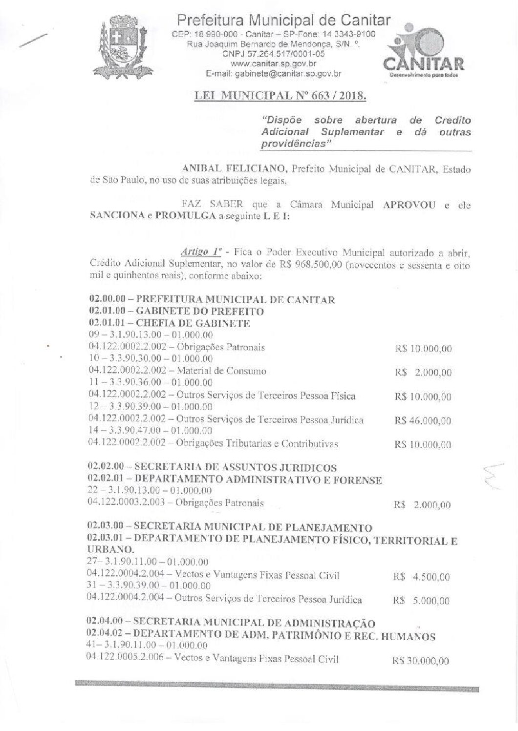 Leia mais sobre o artigo Lei Municipal nº 663 2018   Dispõe sobre abertura de crédito, Gabinete do Prefeito.