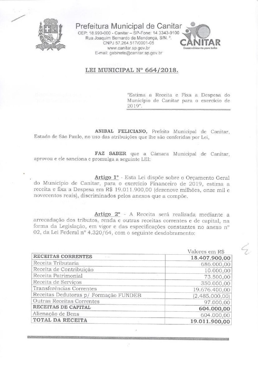 Leia mais sobre o artigo Lei Municipal nº 664 2018   Estima a Receita e Fixa a Despesa do Município de Canitar para o exercício de 2019.
