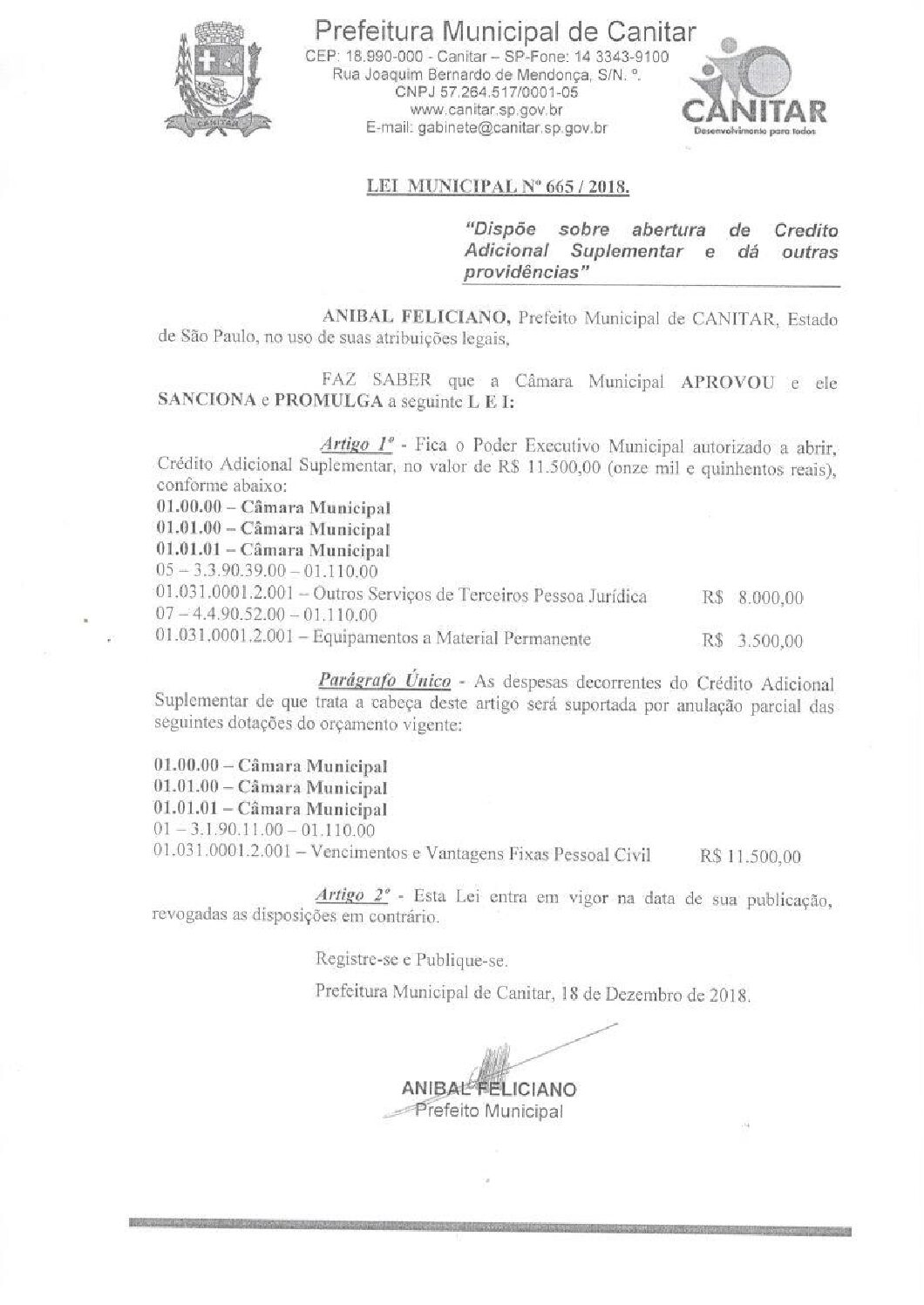Leia mais sobre o artigo Lei Municipal nº 665 2018   Dispõe sobre abertura de crédito, Câmara Municipal.