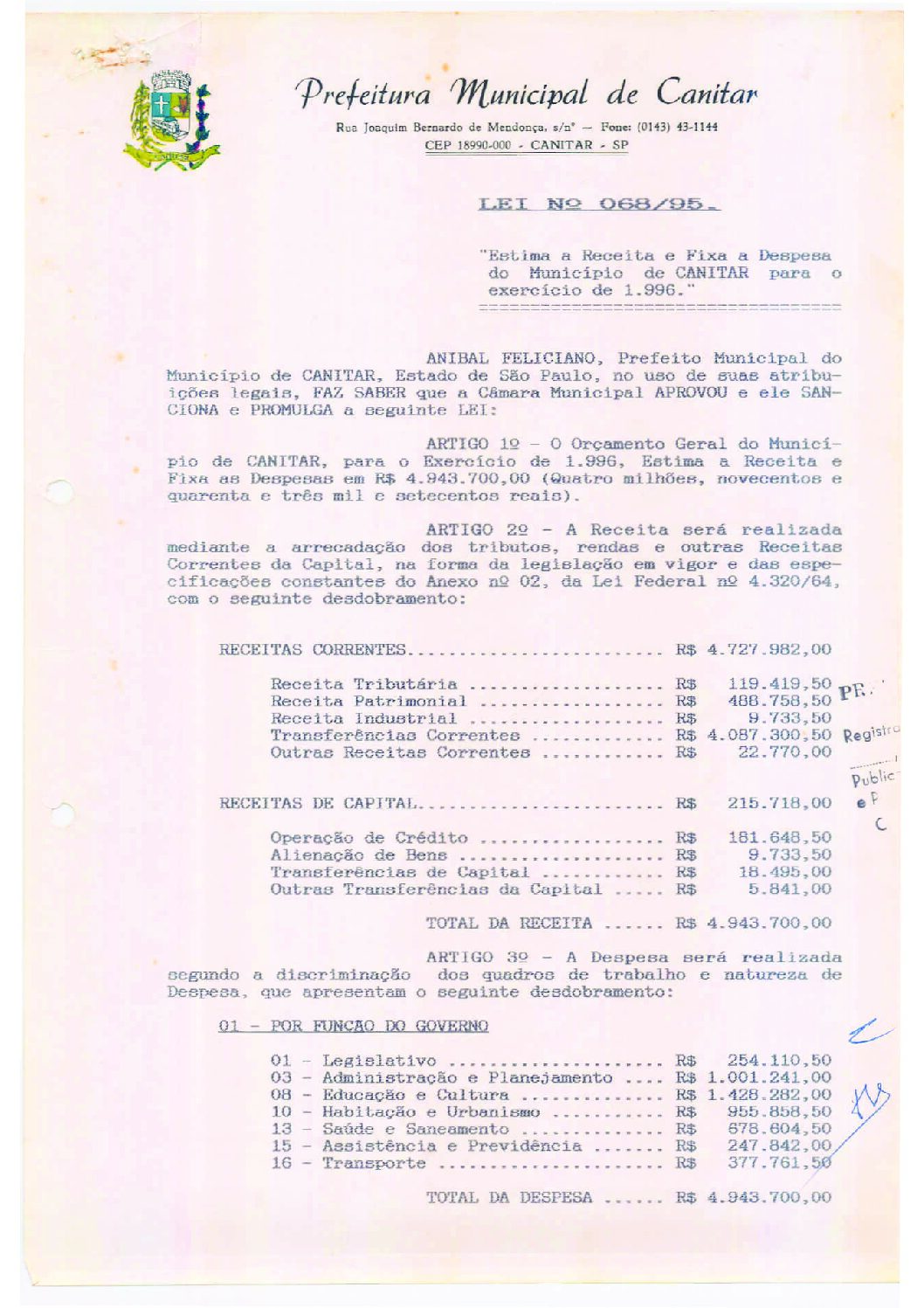 Leia mais sobre o artigo Lei Municipal nº 68 1995   Estima a receita e fixa a despesa do município para o Exercício de 1996.