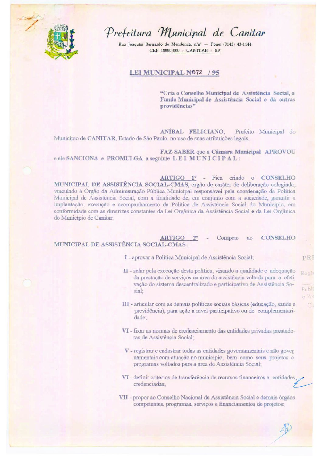 Leia mais sobre o artigo Lei Municipal nº 72 1995   Cria o Conselho Municipal de Assistência Social.