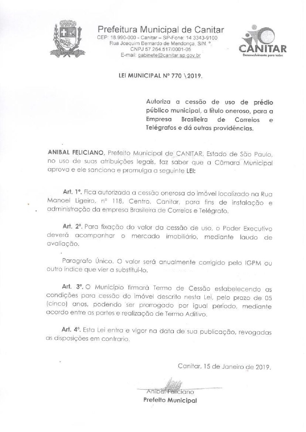 Leia mais sobre o artigo Lei Municipal nº 770 2019   Autoriza a cessão de uso de prédio público municipal, a título oneroso, para os correios.