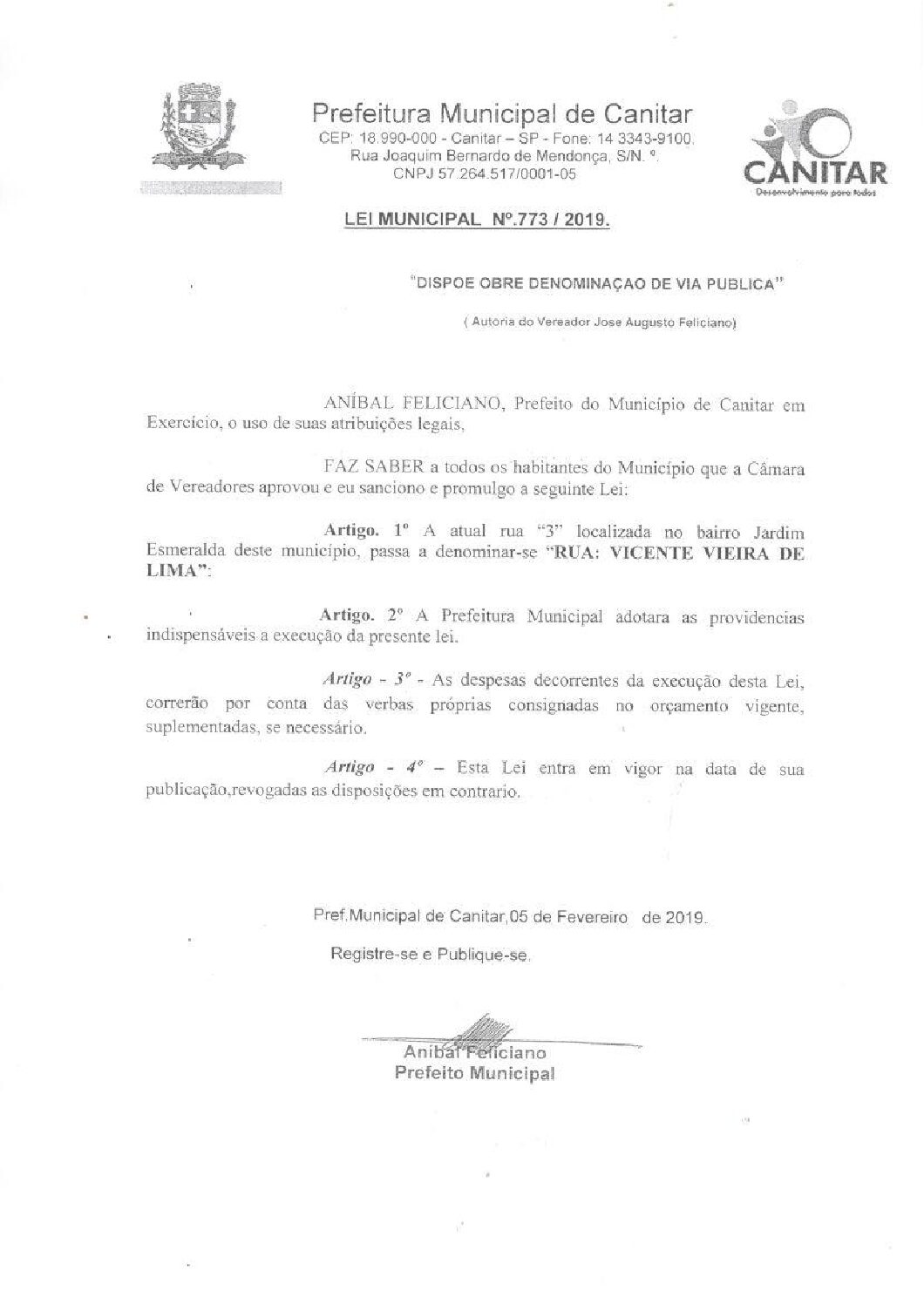 Leia mais sobre o artigo Lei Municipal nº 773 2019   Dispõe sobre denominação de Via Pública   Vicente Vieira de Lima.