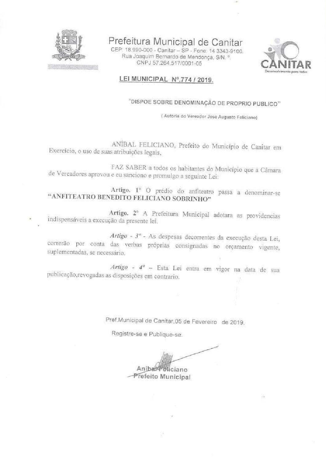 Leia mais sobre o artigo Lei Municipal nº 774 2019   Dispõe sobre denominação de Próprio Público   Anfiteatro Benedito Feliciano Sobrinho.