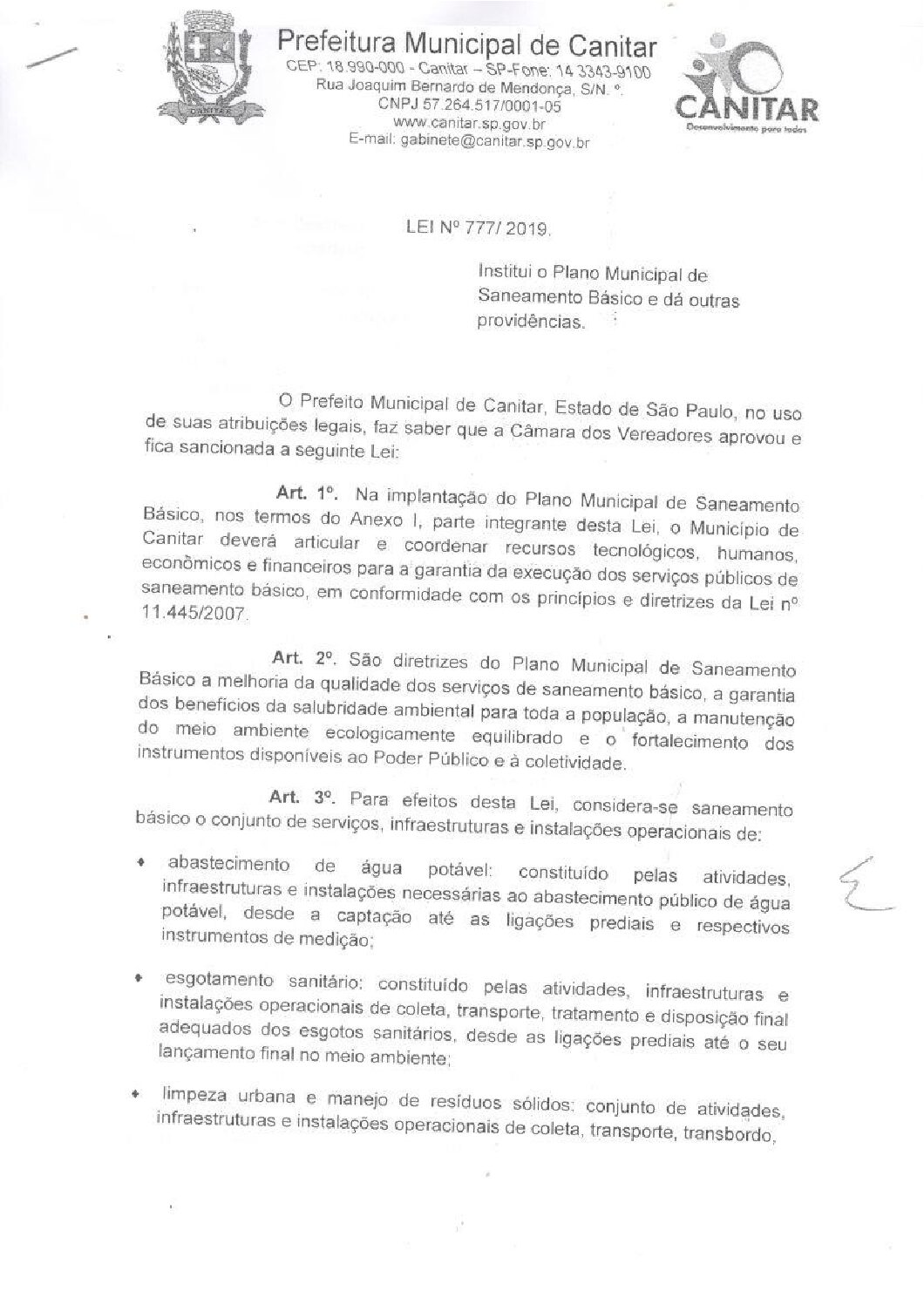Leia mais sobre o artigo Lei Municipal nº 777 2019   Institui o Plano Municipal de Saneamento Básico.