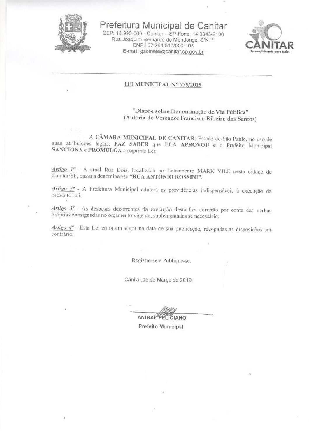 Leia mais sobre o artigo Lei Municipal nº 779 2019   Dispõe sobre denominação de Via Pública   Antônio Rossini.