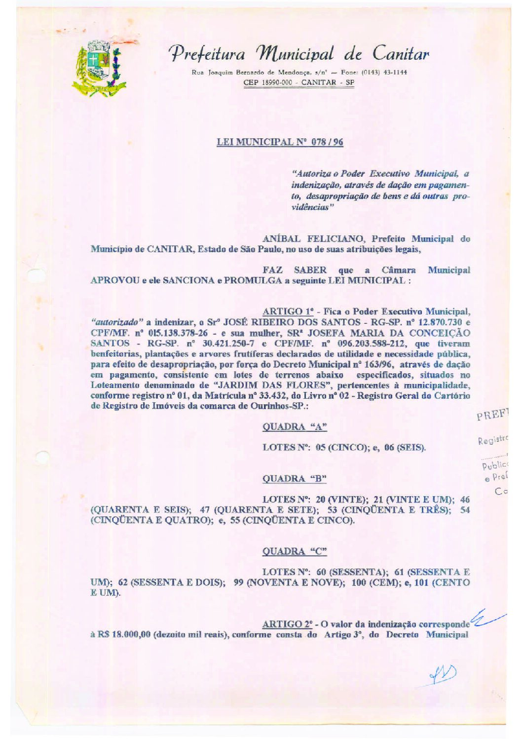 Leia mais sobre o artigo Lei Municipal nº 78 1996   Autoriza o Poder Executivo Municipal, a indenização, através de doação em pagamento.