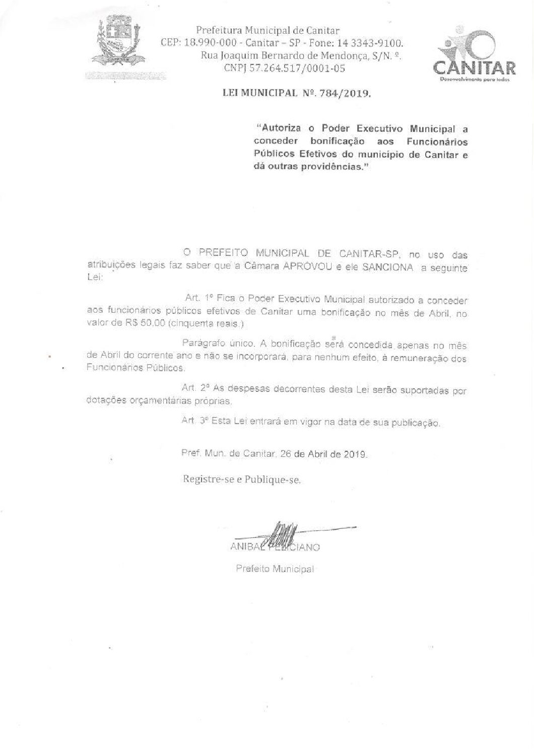 Leia mais sobre o artigo Lei Municipal nº 784 2019   Autoriza o Poder Executivo Municipal a conceder bonificação aos funcionários públicos efetivos.