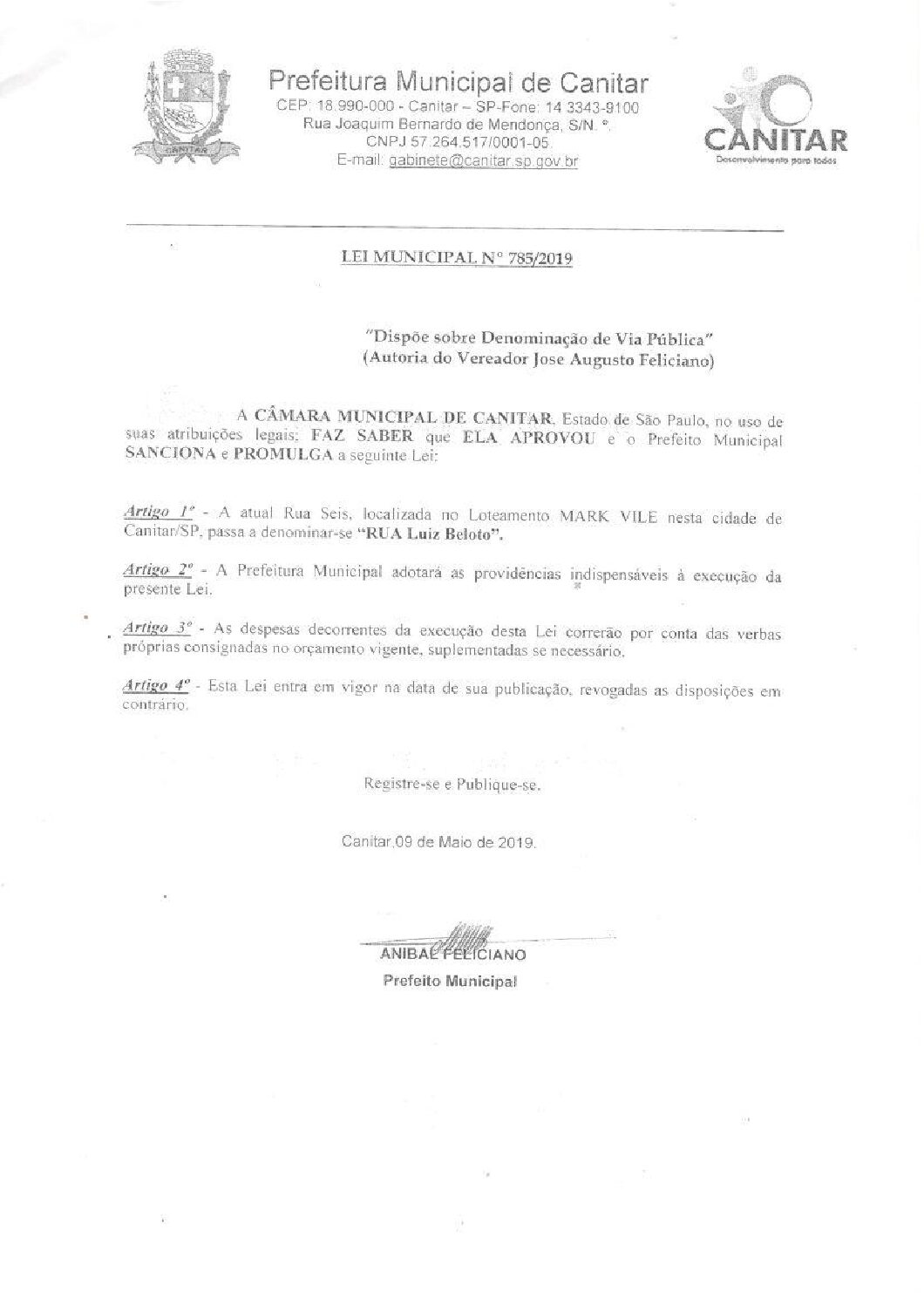 Leia mais sobre o artigo Lei Municipal nº 785 2019   Dispõe sobre denominação de Via Pública   Luiz Beloto.