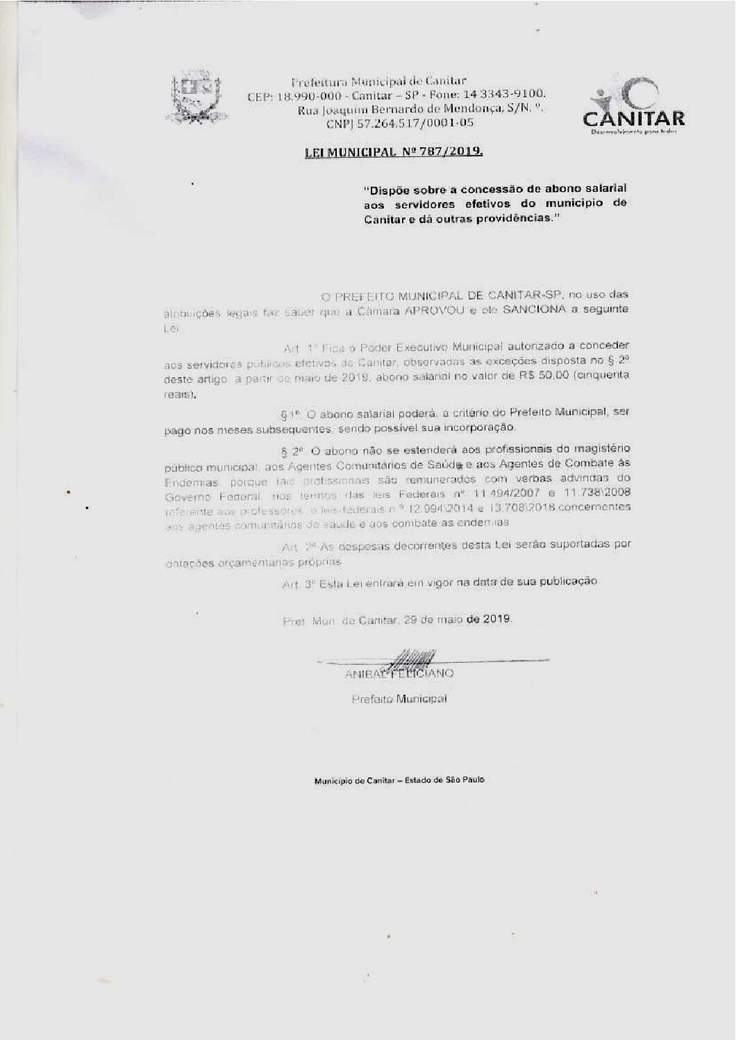 Leia mais sobre o artigo Lei Municipal nº 787 2019   Dispõe sobre concessão de abono salarial aos servidores efetivos.