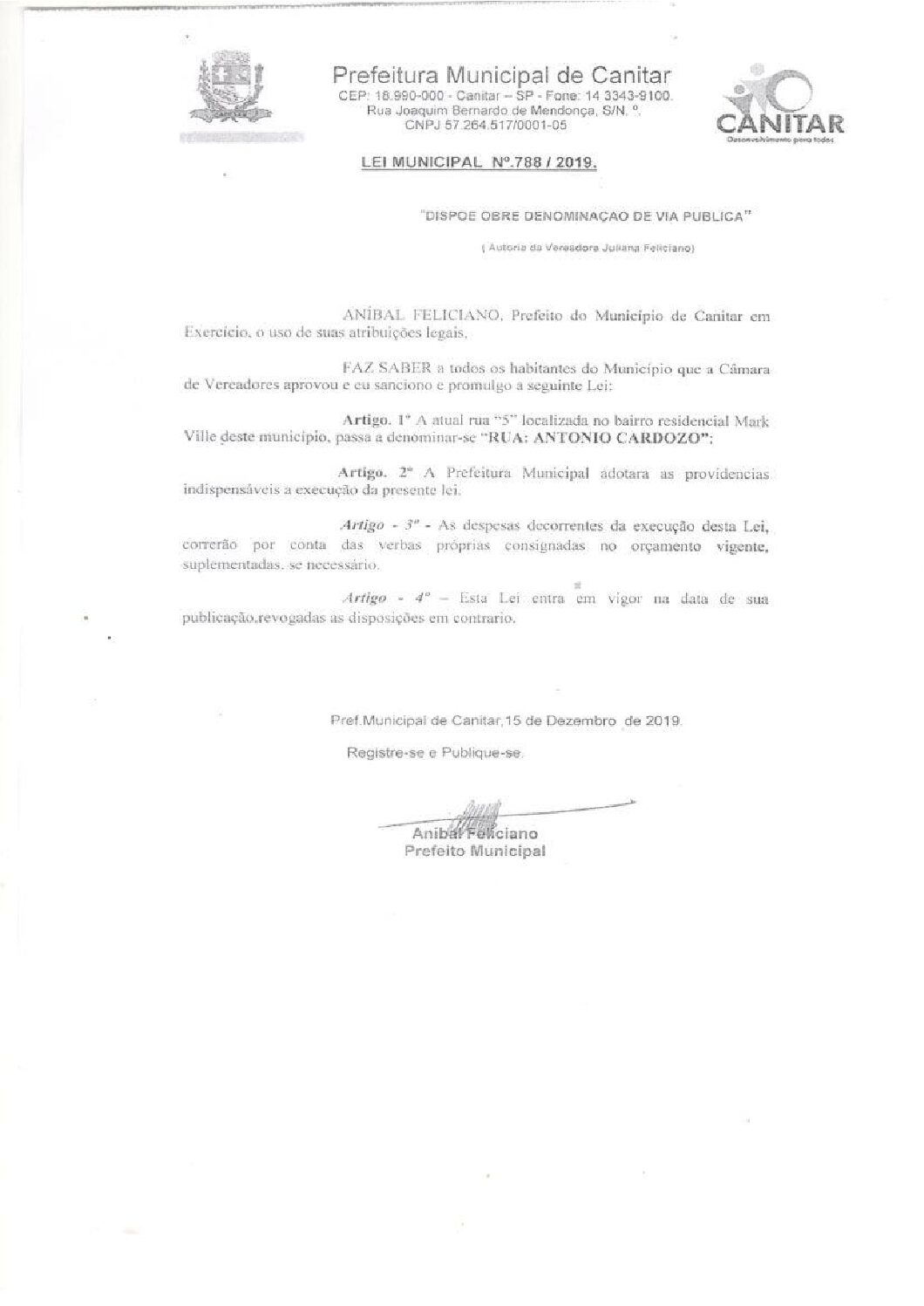 Leia mais sobre o artigo Lei Municipal nº 788 2019   Dispõe sobre denominação de Via Pública   Antônio Cardozo.