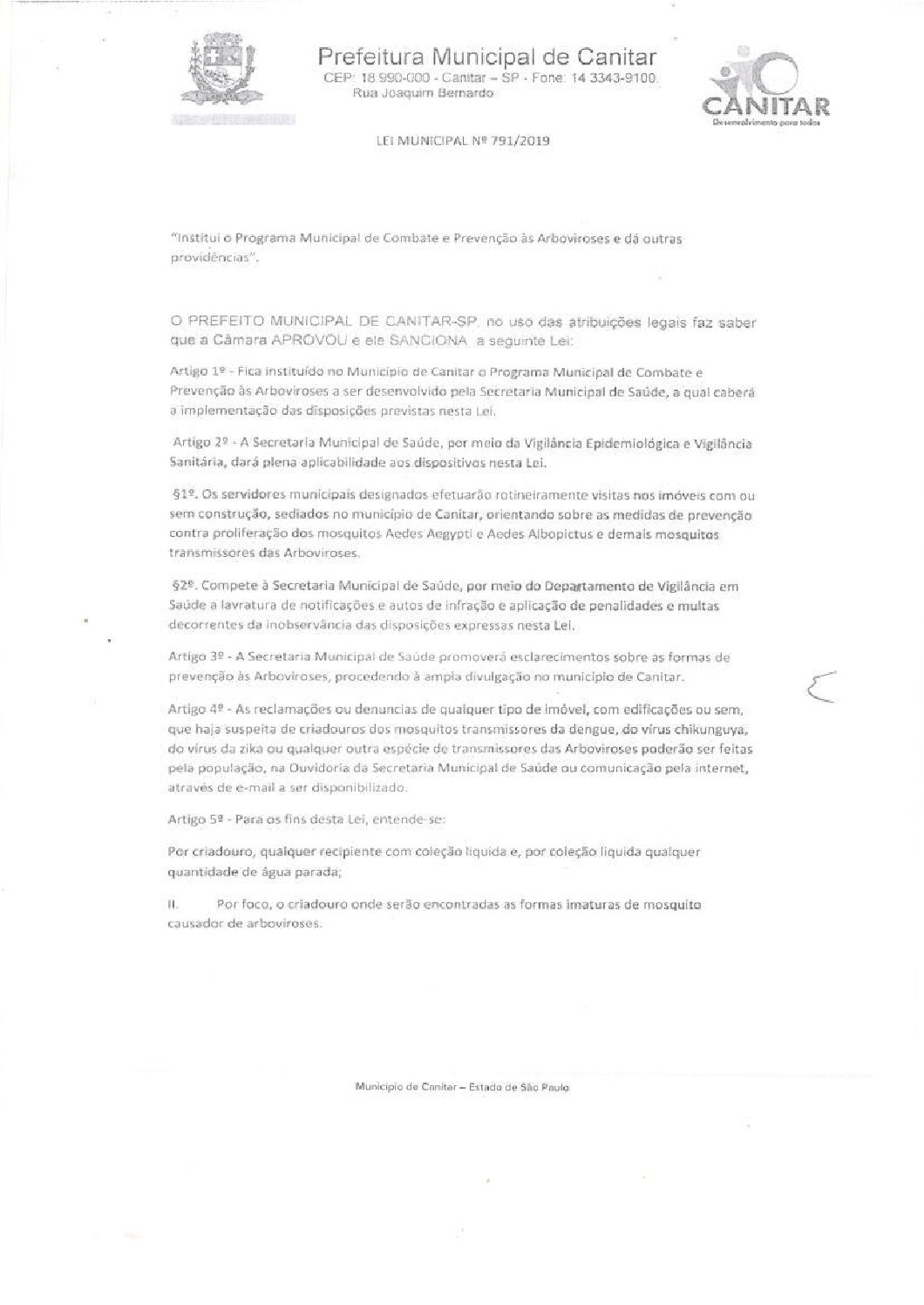 Leia mais sobre o artigo Lei Municipal nº 791 2019   Institui o Programa Municipal de Combate às Arboviroses.