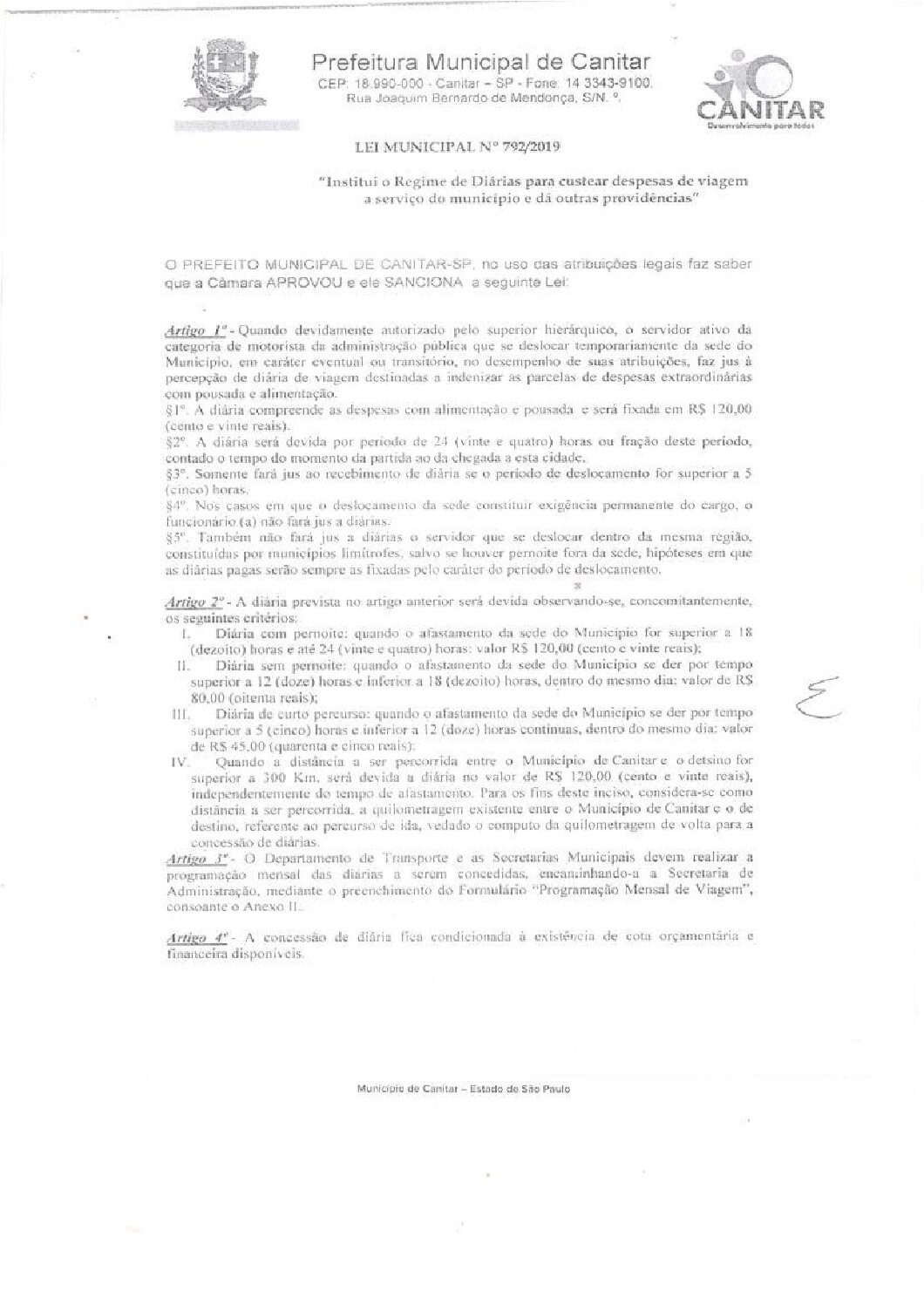 Leia mais sobre o artigo Lei Municipal nº 792 2019   Institui o Regime de Diárias para custear despesas de viagem a serviço do município.
