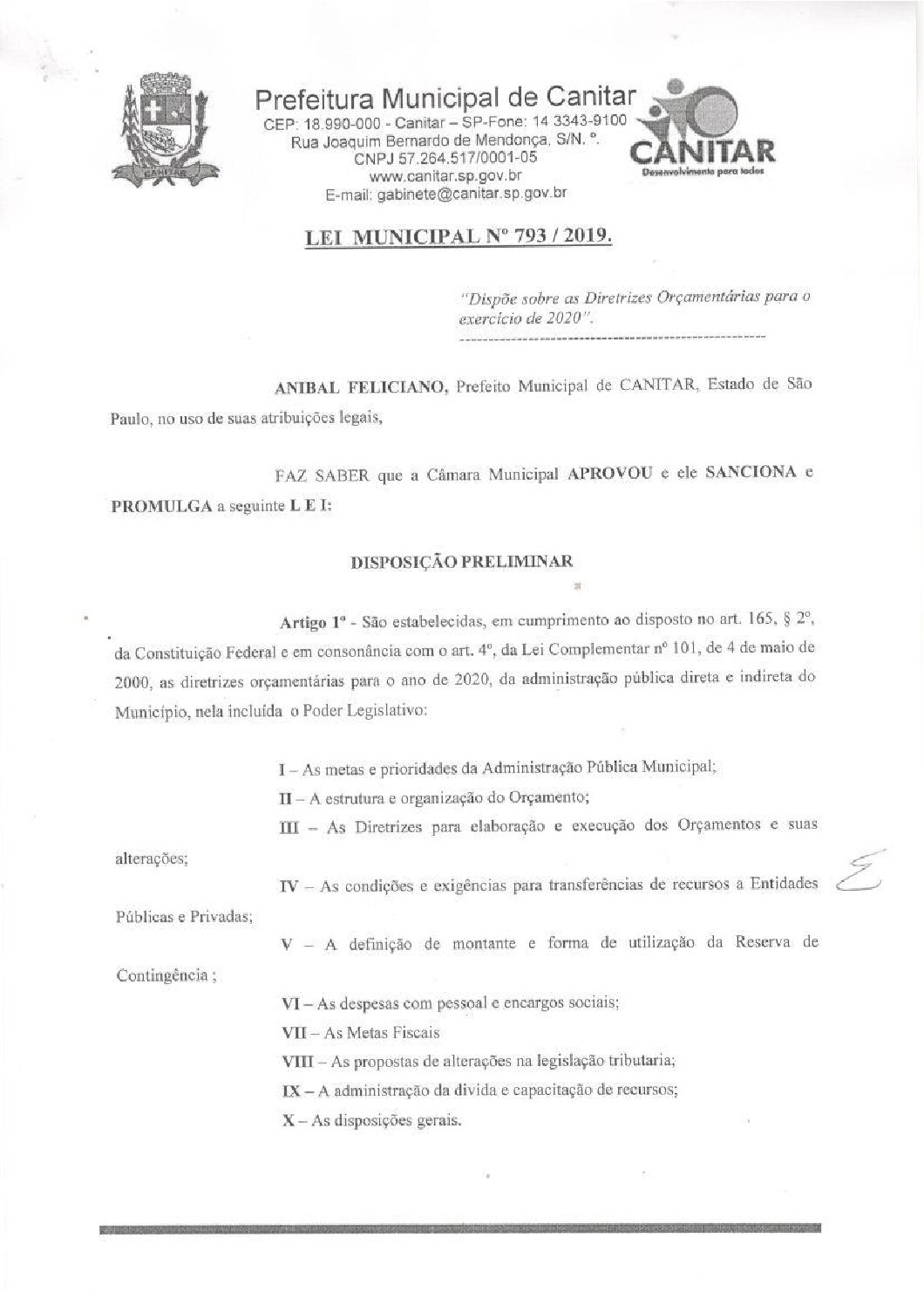 Leia mais sobre o artigo Lei Municipal nº 793 2019   Dispõe sobre as Diretrizes Orçamentárias para o exercício de 2020.