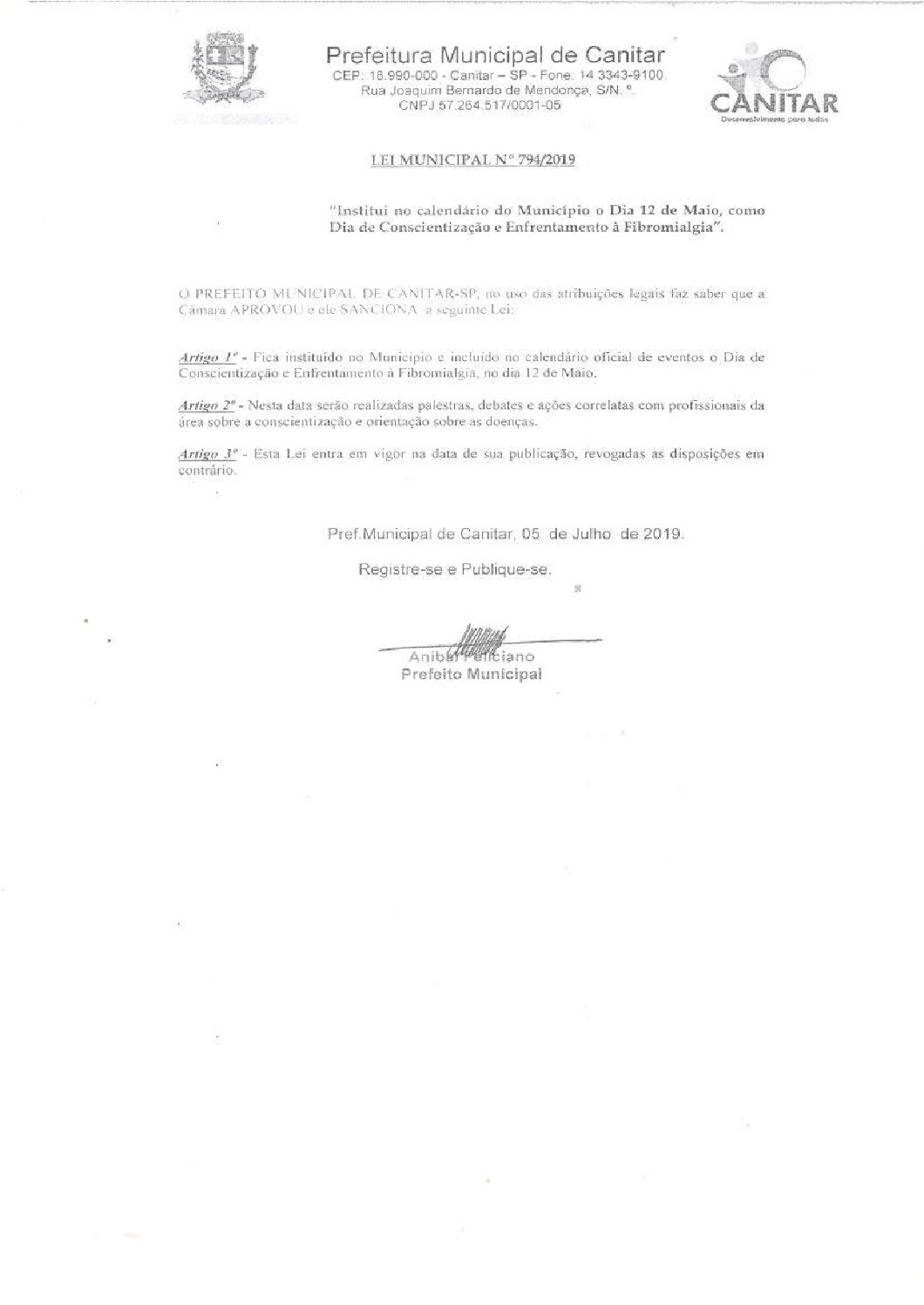 Leia mais sobre o artigo Lei Municipal nº 794 2019   Institui no calendário do município o dia 12 de Maio, como dia de conscientização à Fibromialgia.