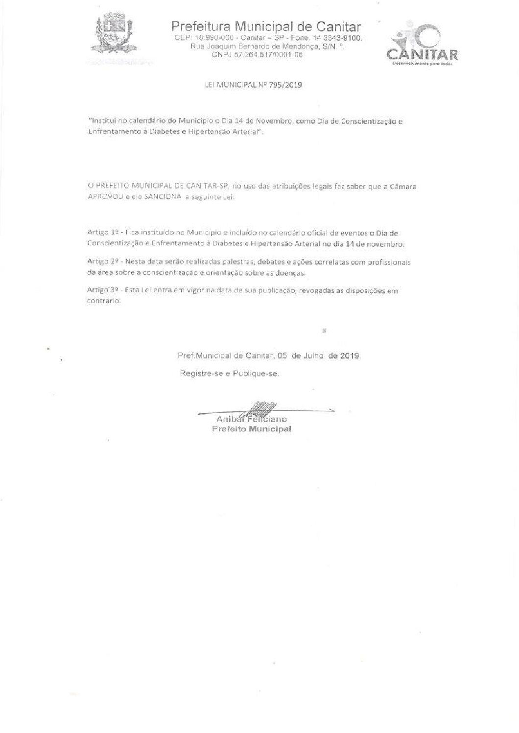Leia mais sobre o artigo Lei Municipal nº 795 2019   Institui no calendário do município o dia 14 de Novembro como dia de conscientização à Diabetes e Hipertensão Arterial.