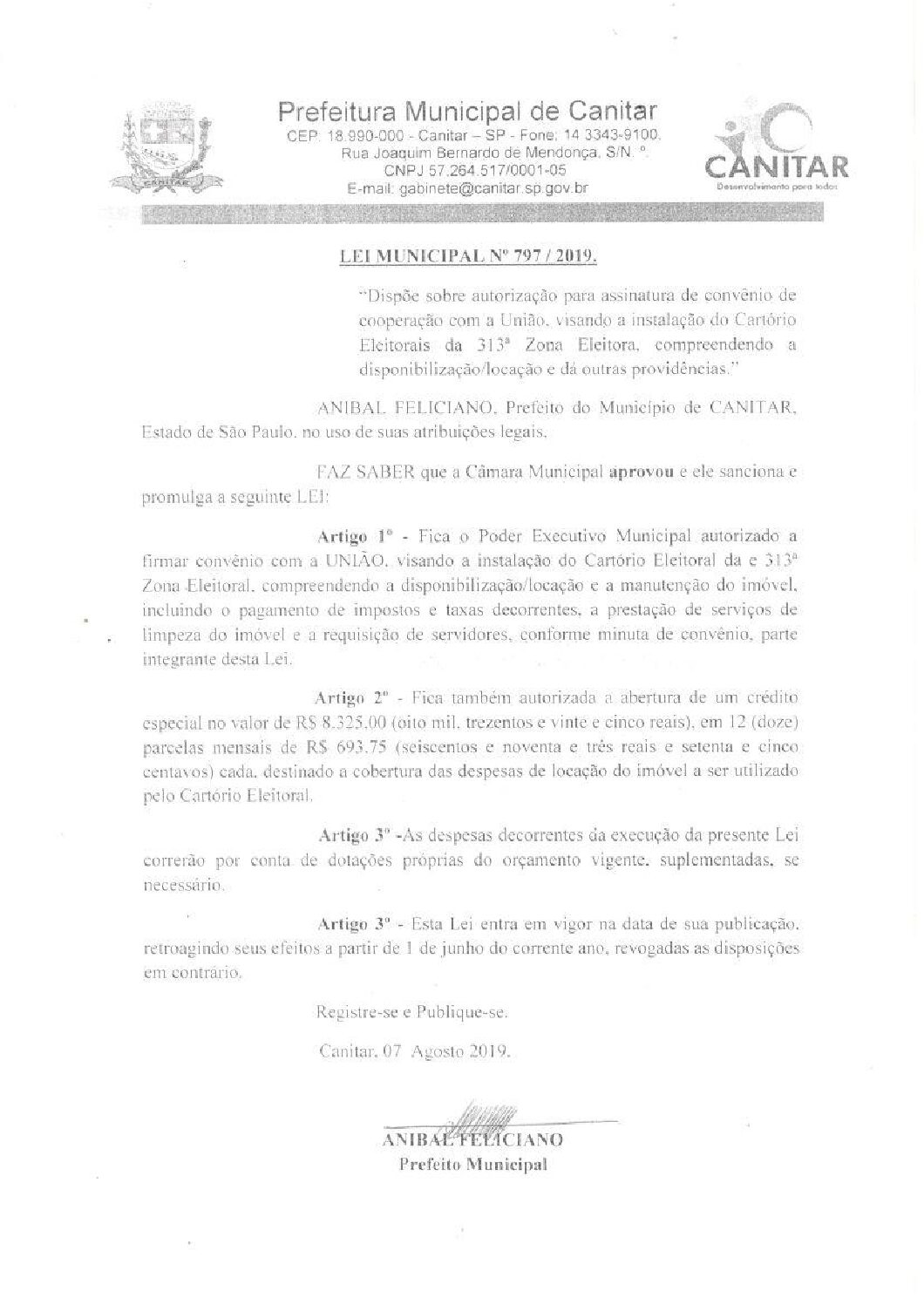 Leia mais sobre o artigo Lei Municipal nº 797 2019   Dispõe sobre convênio com a União, visando a instalação do Cartório Eleitoral da 313ª Zona Eleitoral.
