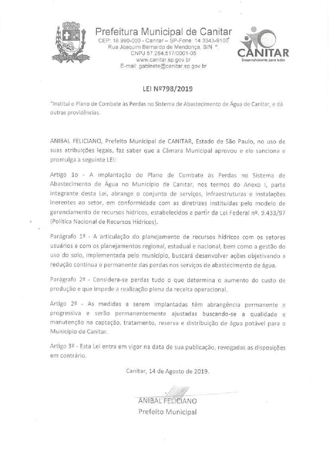 Leia mais sobre o artigo Lei Municipal nº 798 2019   Institui o Plano de Combate às Perdas no Sistema de Abastecimento de Água.