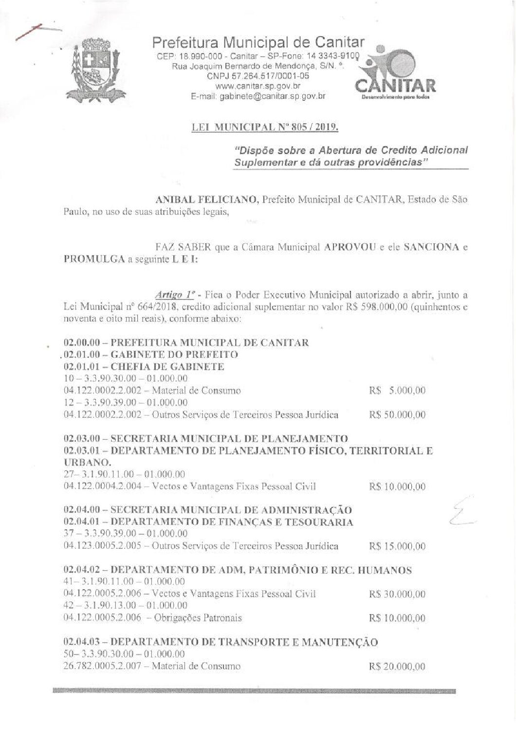 Leia mais sobre o artigo Lei Municipal nº 805 2019   Dispõe sobre abertura de crédito, Gabinete do Prefeito.