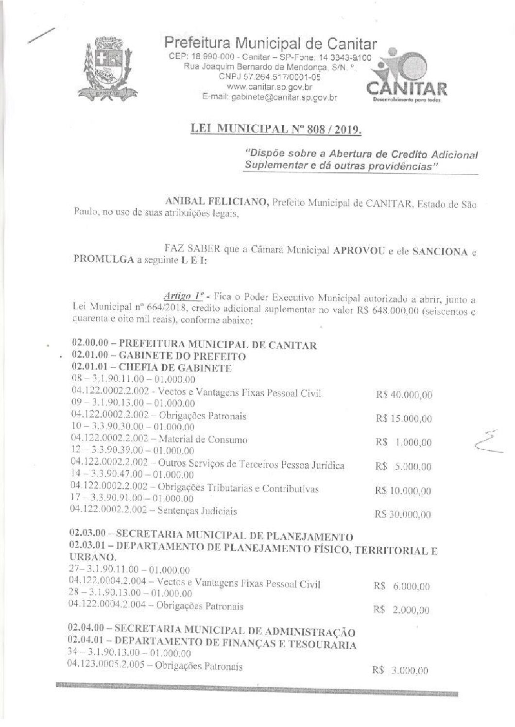 Leia mais sobre o artigo Lei Municipal nº 808 2019   Dispõe sobre abertura de crédito, Gabinete do Prefeito.