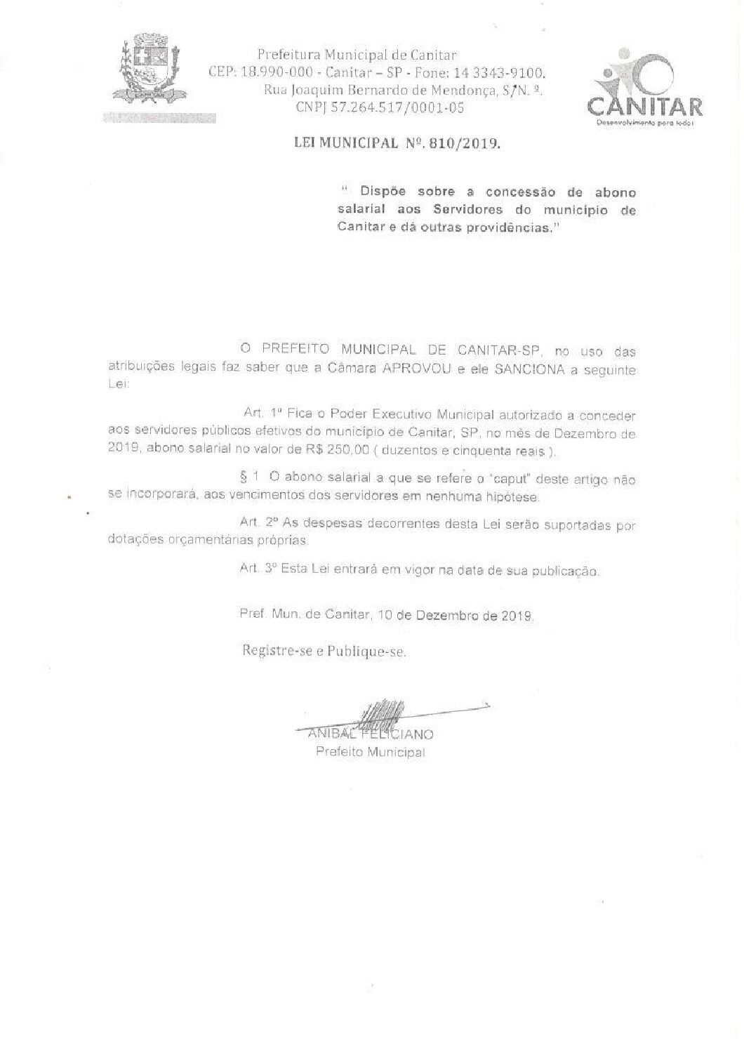 Leia mais sobre o artigo Lei Municipal nº 810 2019   Dispõe sobre concessão de abono salarial aos servidores do município.