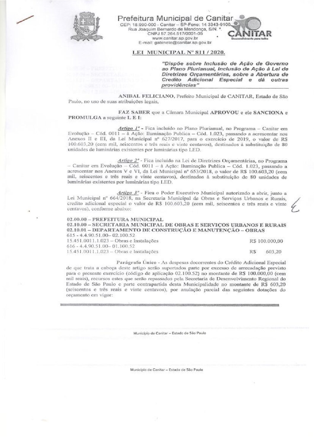 Leia mais sobre o artigo Lei Municipal nº 811 2020   Dispõe sobre abertura de crédito, troca de luminárias existentes por luminárias tipo LED.