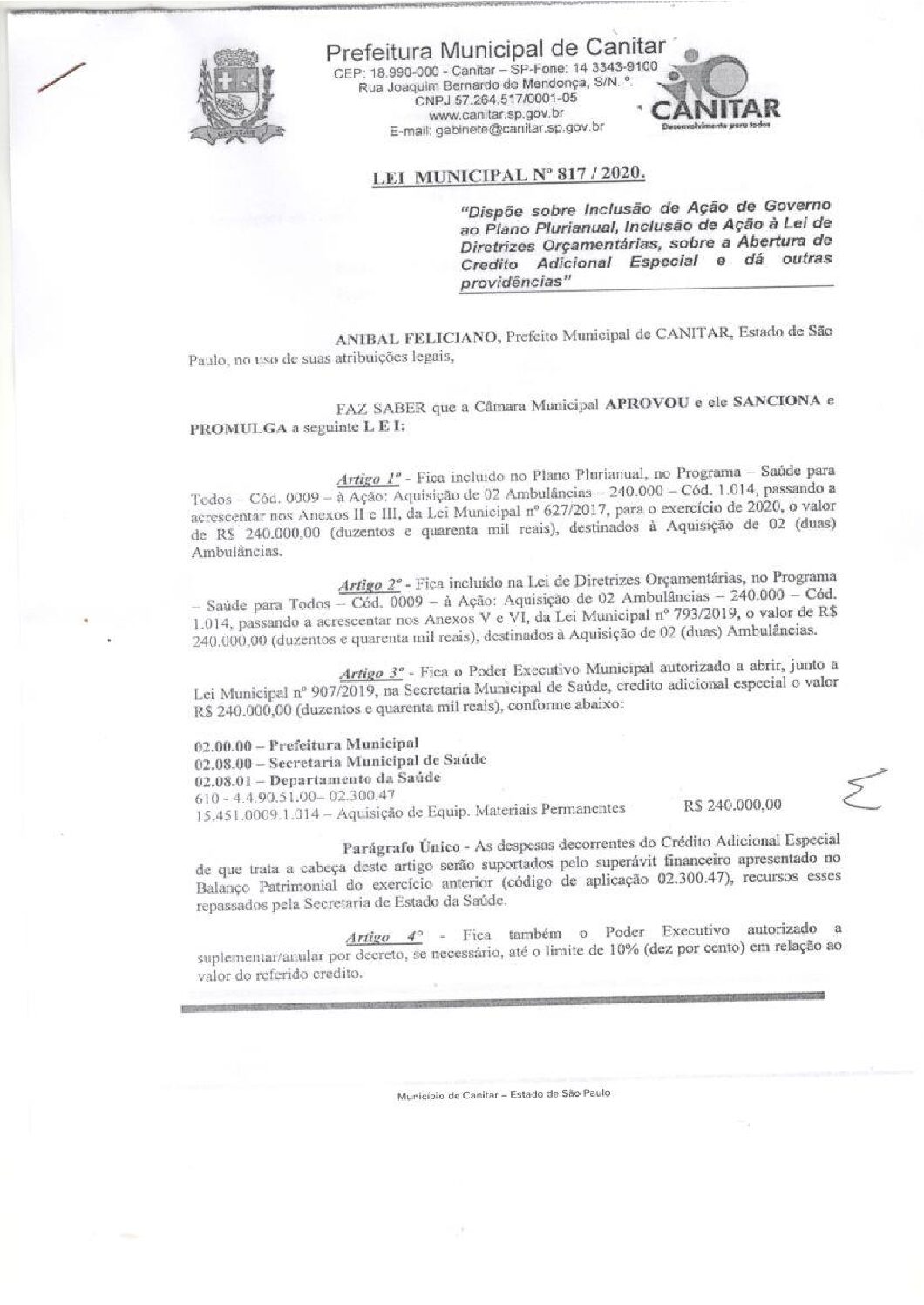 Leia mais sobre o artigo Lei Municipal nº 817 2020   Dispõe sobre abertura de crédito, destinados à Aquisição de 02 (duas) Ambulâncias.