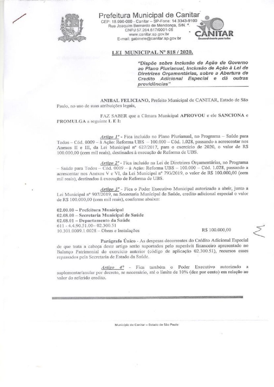 Leia mais sobre o artigo Lei Municipal nº 818 2020   Dispõe sobre abertura de crédito, reforma de UBS.